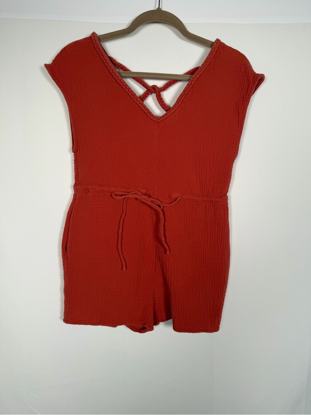 Red‎ Rust Textured Gauzy Cotton Crisscross Back Romper